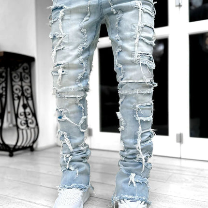 Ins Fringes Ripped Trousers Individual Patched Pants Long Tight Fit Stacked Jeans For Mens Clothing