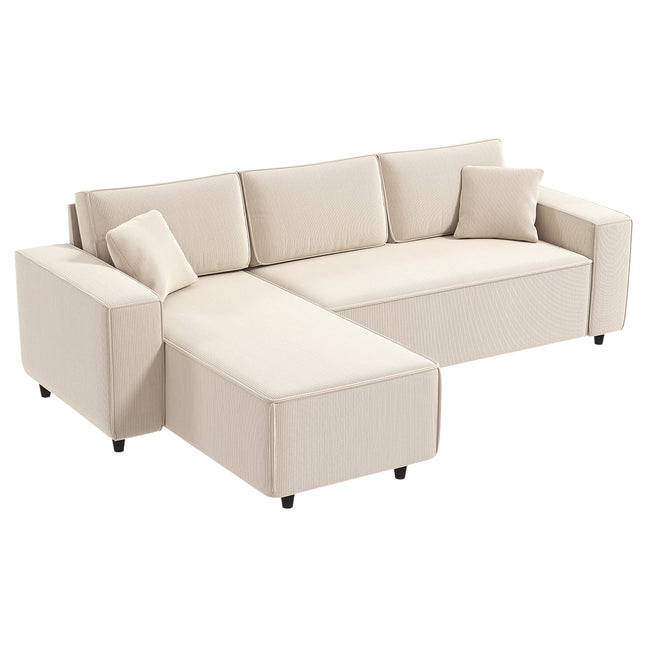Corner Sofa With Reversible Chaise Lounge, Corduroy L-Shaped Sectional Sofa With Pocket Spring, Cream White