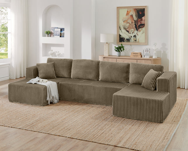 U Shape Modular Sectional Sofa, Compressed Sectional Sofa Modern Minimalist Style Corduroy Couch, Sleeper Sofa For Living Room, Bedroom, Comfy Compressed Sofa -Brown