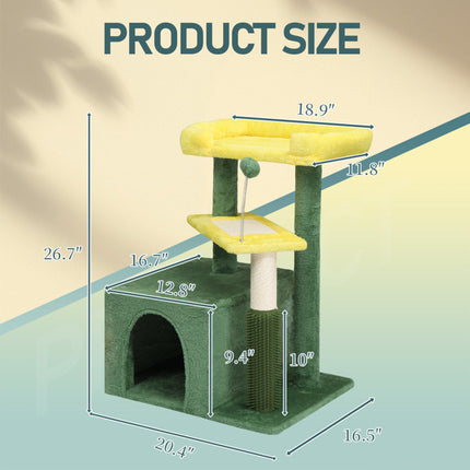 27.5in Cat Tree, Multi-level Cat Tower With Cat Scratching Post And Pad, Cozy Cat Condo, Padded Top Bed For Kittens And Indoor Cats, Yellow & Green
