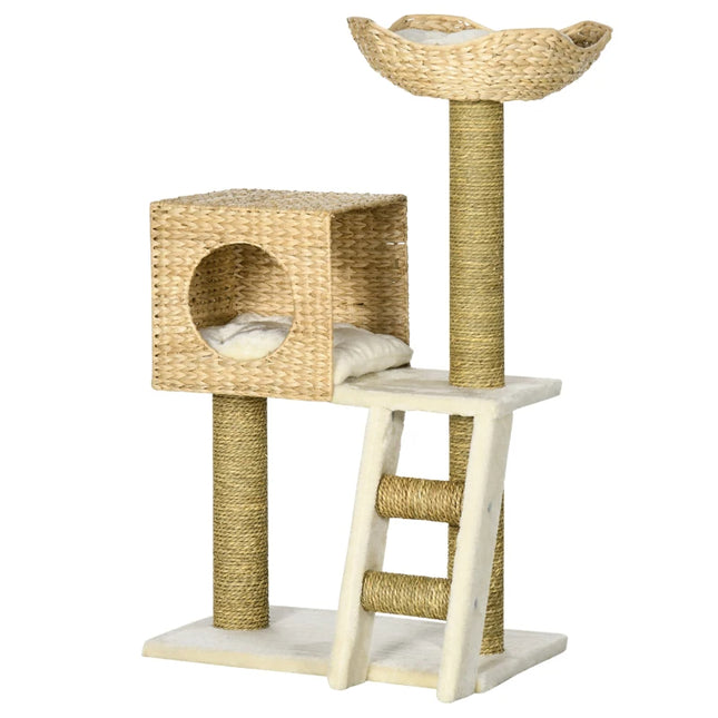 PawHut Cattail Weave Cat Tree For Indoor Cats Kitty Tower With Rattan Cat Condo, Wicker Bed, Ladder, Washable Cushions