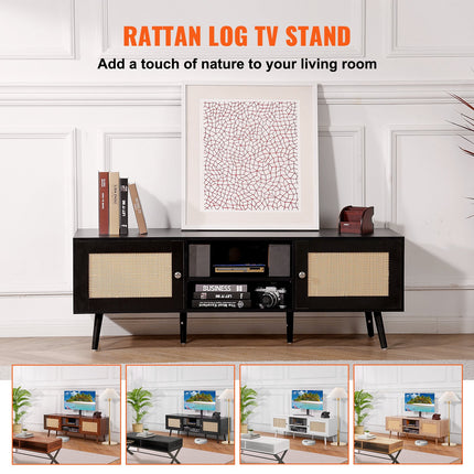 Rattan TV Stand For 65 Inch TV, Boho TV Stand With Rattan Door, Entertainment Center With Build-in Socket And USB Ports, Modern TV Console For Living Room, Media Room, Black