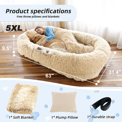 Human Dog Bed, Large Size Fits You And Pets, Washable Faux Fur Dog Bed For People Doze Off, Napping Orthopedic Dog Bed, Present Plump Pillow, Blanket, Strap