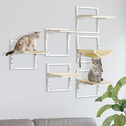 PawHut 6-pc Modern Cat Wall Shelves For Indoor Cats, Height Adjustable Jumping Platforms
