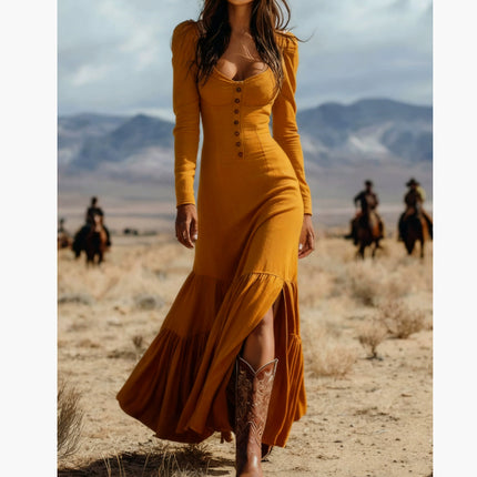Retro Western Style Button Pleated Long Sleeve Sexy Dress