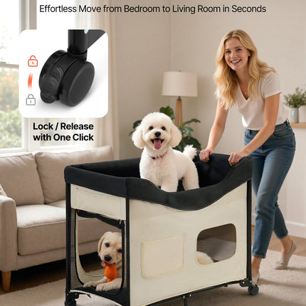 Elevated Lounge Pet Bed, Foldable Bunk Dog Bed With 600D Oxford Cloth And Dutch Velvet, Portable Raised Cot With Wheels, Side Storage Bags, And Carry Bag For Cats & Dogs, XL, Beige