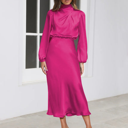 Elegant Temperament Long-sleeved Dress Satin Halterneck Formal Evening Dresses Women Clothing