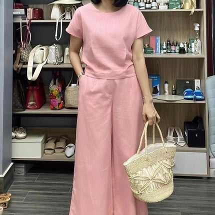 European And American Women's Linen Casual Loose Solid Color Suit Two-piece Women