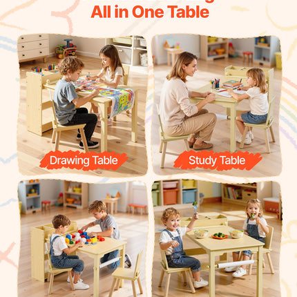 Kids Art Table And Chair Set, Toddler Craft Table With 3 Tiers Storage Cabinet, Wooden Kids Activity Play Desk With 2 Chairs, Craft Play Desk For Reading, Learning, Drawing, Writing, Light Wood