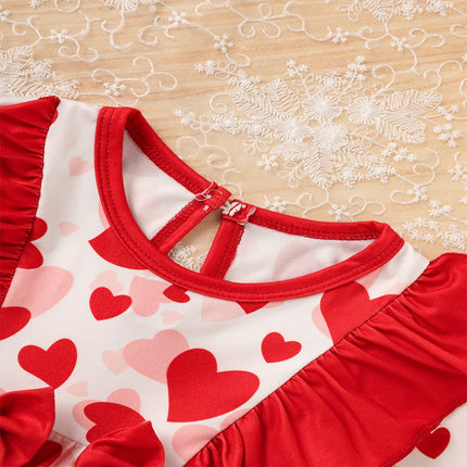 Baby Valentine's Day Romper, Heart Print Long Sleeve Bodysuit With Bow And Ruffle Trim