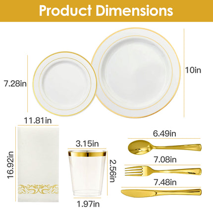 Set Of 175Pcs Disposable Gold Dinnerware Set Gold Rim Plastic Plates Cups Fork Spoon Knife Paper Napkins For Party Wedding Graduation