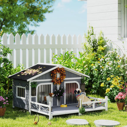 Dog House Outdoor, Wooden Dog Kennel Weatherproof with Porch, Openable Roof, Removable Bottom, Elevated Floor, Double Room for 2 Small to Medium Breeds, Gray