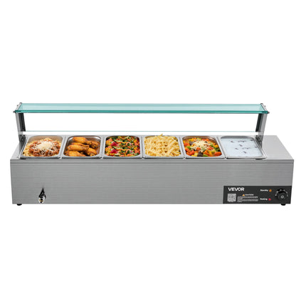 Commercial Food Warmer 6 X 1/3 Size Pans Buffet Bain Marie With Glass Cover