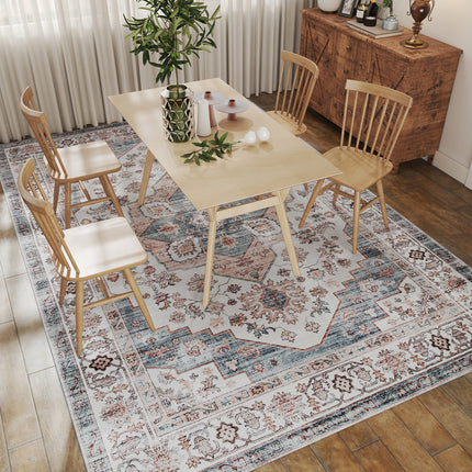 8x10 Area Rug, Vintage Machine Washable Rug, Non-Slip Carpet for Living Room, Bedroom, Dining Room, Brown & Light Blue
