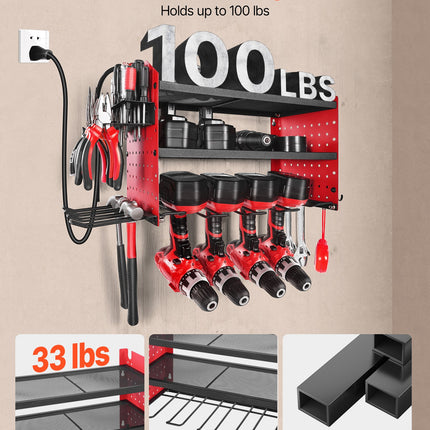 Power Tool Organizer With Charging Station, 3-Layer Drill Storage Rack With 4 Drill Holders & Side Pegboard, Garage Tool Organizer Built In 8 Outlet Power Strips For Garage, Workbench, Workshop