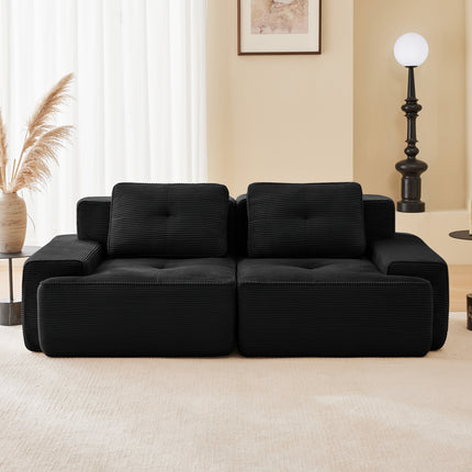 82 Modern L-Shaped Modular Sectional Sofa For Living Room, Corduroy Fabric, 2-Seater Couch With Deep Seat , Pearl-like Piping, Tufted Design, No Assembly, Anti-slip Design, Black