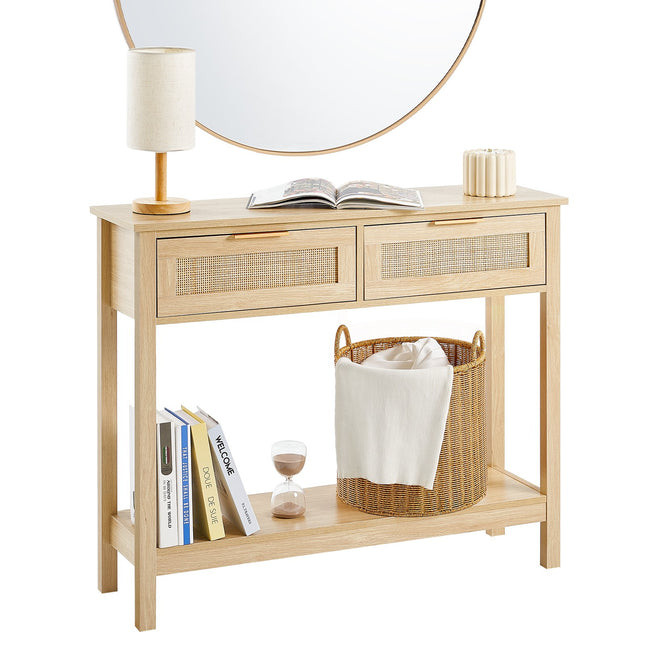 Rattan Console Table With 2 Storage Drawers, Rattan Entryway Table With Natural Rattan Sliding Door, Console Sofa Table For Living Room, Study, Entryway Or TV Wall, Natural