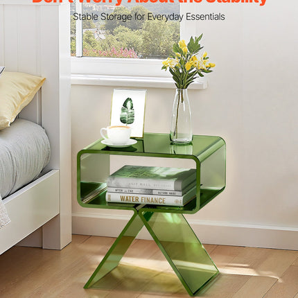 Acrylic Nightstand Side Table, Modern Clear Bedside Table With Storage Shelf, Transparent Small End Desk For Living Room, Bedroom, Home Decor, No Assembly Needed, 11.8 X 15.4 X 17 In (Green)