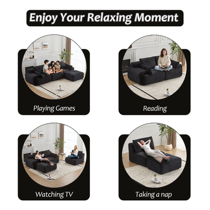 Modern Memory Foam Compressed Sofa,Large Sectional Couches For Living Room,Pet-Friendly Cloud Modular Sectional Sofa,Corduroy Fabric,Extra Deep Loveseat,No Assembly Required, Black