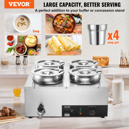 Electric Soup Warmer, Four 7.4QT Stainless Steel Round Pot 86~185°F Adjustable Temp, 1500W Commercial Bain Marie With Anti-dry Burn And Reset Button, Soup Station For Restaurant, Buffet, Silver