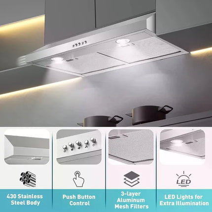 30 Inch Kitchen Under Cabinet Range Hood 500 CFM Stainless Steel 3-Speed
