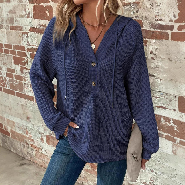 Waffle Hooded Sweater Sweatshirt Fashion Casual Long-sleeved Drawstring V-neck Buttons Top Women's Clothing