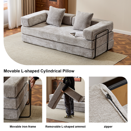 Floor Couch,Compression Sofa,Convertible Floor Sofa Bed-with Pillow Back Support Armrest,Comfy Futon Couch Lounge Sleeper Bed,Chenille Fabric,for Living Room Bedroom LIGHT-GREY