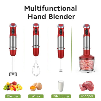 TENKER 5-in-1 Hand Immersion Blender, 1000W 12 Speed Handheld Blender, Copper Motor Stainless Steel Blade Stick Blender,600ml Mixing Beaker,500ml Food Processor, Whisk, Milk Frother, BPA-Free, Red