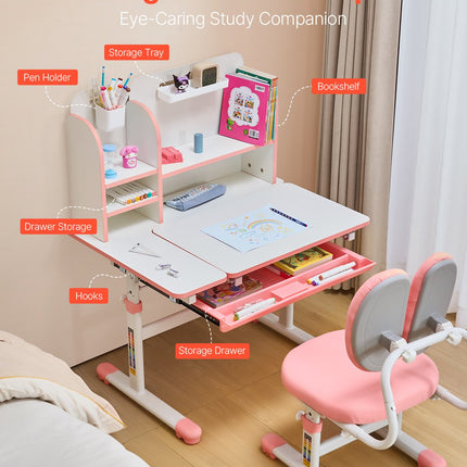 Kids Study Chair And Desk Set, Study Desk And Chair For Kids With Bookshelf & Storage Drawer, Adjustable Height & 0-40° Tilted Desktop Desk And Chair, Study Table For Bedroom & Study Room, Pink