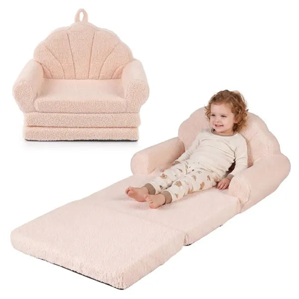 2-in-1 Flip Open Kids Sofa Lounger, Teddy Fleece Toddler Couch With Carry Handle For Ages 3+ (Beige)