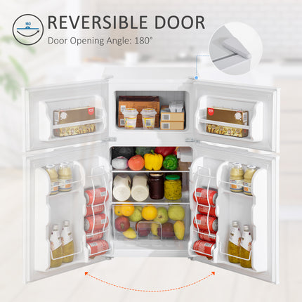 3.2 Cu.Ft Mini Fridge with Freezer, Double Door Compact Refrigerator with Adjustable Thermostat, Shelf and Reversible Door for Bedroom, Dorm, Home Office, Energy Efficient, White