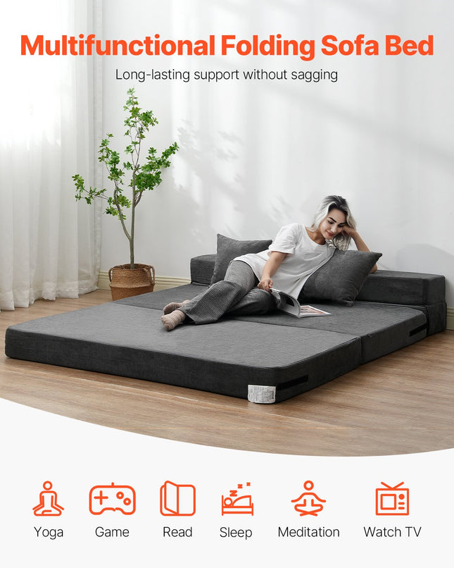 Folding Sofa Bed, 3-in-1 Foldable Couch Bed With 2 Pillows And Washable Cover, 25D High Density Memory Foam Convertible Sleeper Chair Bed, Futon Couch For Living Room, Bedroom, Dark Grey(Queen)