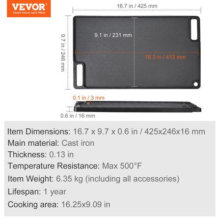 VEVOR Reversible Grill Griddle, Pre-Seasoned Cast Iron Griddle, Rectangular Double Burner Griddle Pan, Non-Stick Family Pan Cookware With Handles, Flat Top Plate For BBQ, Gas Grill, Black