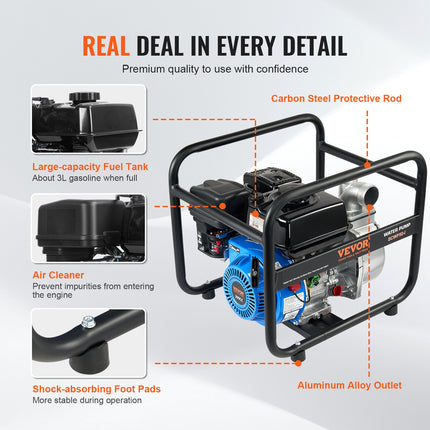 Gasoline Engine Water Pump Gas Powered Transfer Pump 2 In 6.5HP 4-Stroke