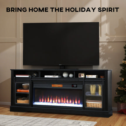 Fireplace TV Stand for TVs Up to 80 Inch, TV Console with Electric Fireplace, Open Storage and Side Cabinets, Black