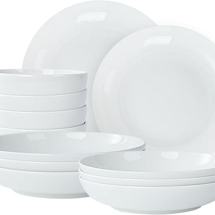 Setaria Bone China Dinnerware Set, 12 Pieces, Service For 4, Plates, Dishes, Bowls Set, Microwave And Dishwasher Safe, Ivory White With Narrow Curve Stripe
