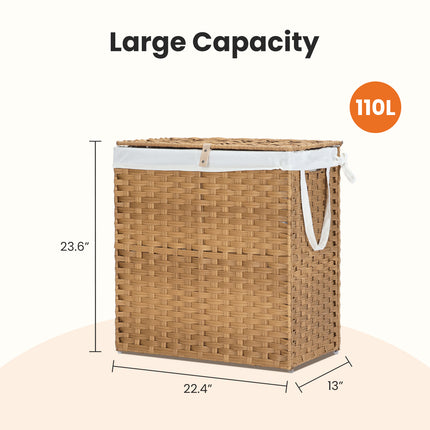 Laundry Basket With Lid, 110 L Hand-Woven Pp Rattan Laundry Basket With Compartments & Handles, Foldable, Removable Liner