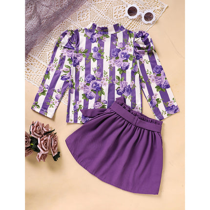 Toddler Girl Purple Rose Print Girls Outfit, Spring Fall Stripe Top With Belt Skirts Set Holiday Going Out Clothes