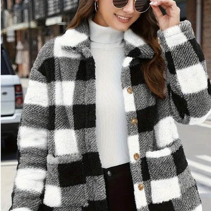 Color-blocked Plaid Jacket Fashion Lapel Pockets Single-breasted Coat Spring Fall Clothing For Women