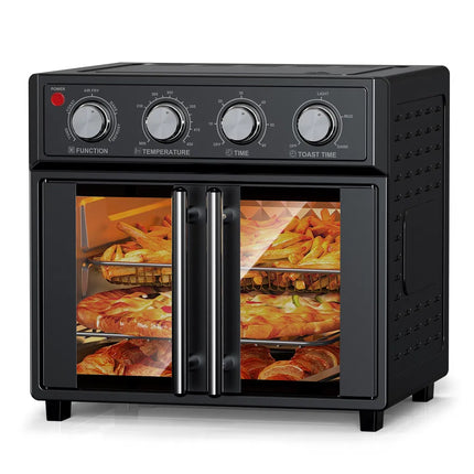 PlumChef 29.5 Quart Extra Large 6 Slices Air Fryer Convection Toaster Oven, French Door, 1700W, Multifunction Oven For Air Fryer, Toast, Grill, Defrost, Bake, Time And Temperature Controls, Black