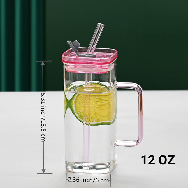 1 Pcs Transparent Glass Straw Cup, 6 Colors Square Glass Cup With Straw And Lid, High Borosilicate Glass Cup, Milk Cup, Juice Cup, Cold Drink Cup, Coffee Cup, Tea Cup, Office Cup, Gift Cup