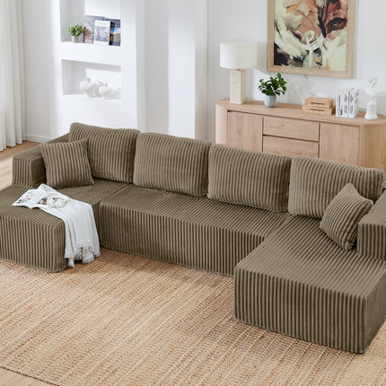 U Shape Modular Sectional Sofa, Compressed Sectional Sofa Modern Minimalist Style Corduroy Couch, Sleeper Sofa For Living Room, Bedroom, Comfy Compressed Sofa -Brown
