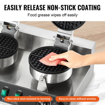 Commercial Waffle Maker Dual-Head Round Waffle Iron 2460W Non-Stick