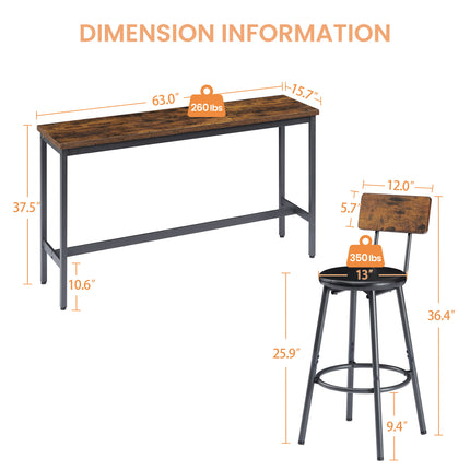Long Bar Table Set With 3 PU Upholstered Bar Stools, Industrial Bar Table And Chairs For Kitchen Breakfast Table, Living Room, Banquet Hall, Rustic Brown And Black, 63inL X15.7 W X 37.5 H