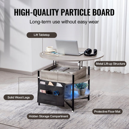 Lift Top Coffee Table, 35.3 In Round Coffee Table With Extra Storage Pockets, Pop Up Coffee Table For Living Room, White