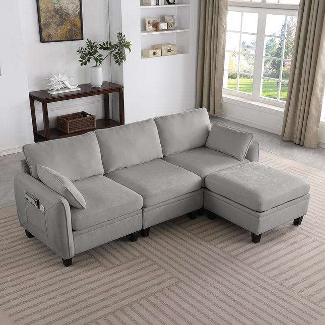 85 Inch GRAY Chenille Modular Sectional Sofa,  L-Shaped Cloud Couch With Storage Ottoman, DIY Combination For Living Room