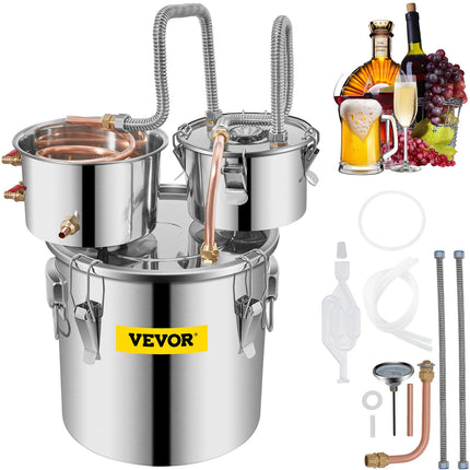 Alcohol Still, 3 Gallon, Stainless Steel Alcohol Distiller With Copper Tube & Build-in Thermometer  WaterPump, Double Thumper Keg Home Brewing Kit, For DIY Whiskey Wine Brandy
