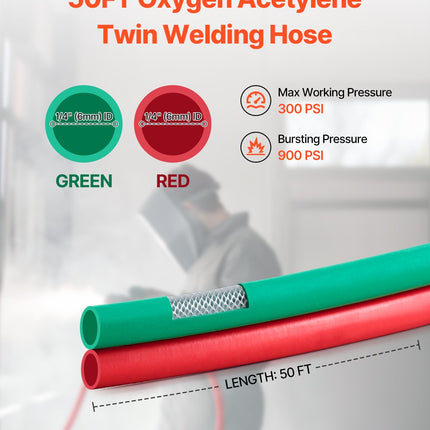 Oxygen Acetylene Hose, 1/4-Inch X 50FT Oxy Acetylene Hose With 9/16"-18 B Fitting, 300PSI T Grade Welding Cutting Torch Twin Hose, Compatible With Oxygen, Acetylene, Propane And Other Fuel Gases
