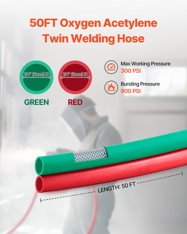 Oxygen Acetylene Hose, 1/4-Inch X 50FT Oxy Acetylene Hose With 9/16"-18 B Fitting, 300PSI T Grade Welding Cutting Torch Twin Hose, Compatible With Oxygen, Acetylene, Propane And Other Fuel Gases