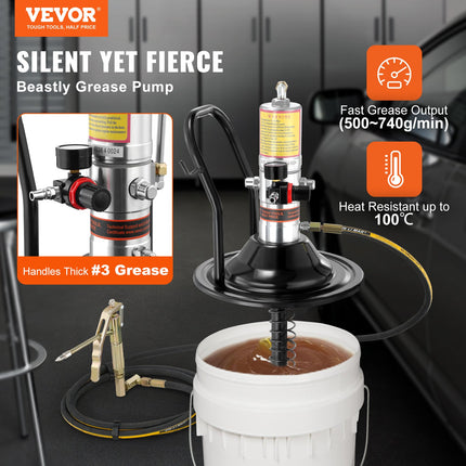 Grease Pump, 50:1 Pressure Ratio Air Operated Grease Pump With 13 Ft High Pressure Hose And Grease Gun, Pneumatic Grease Pump With Barrel Cap, Portable Lubrication Grease Pump 360° Gun Head